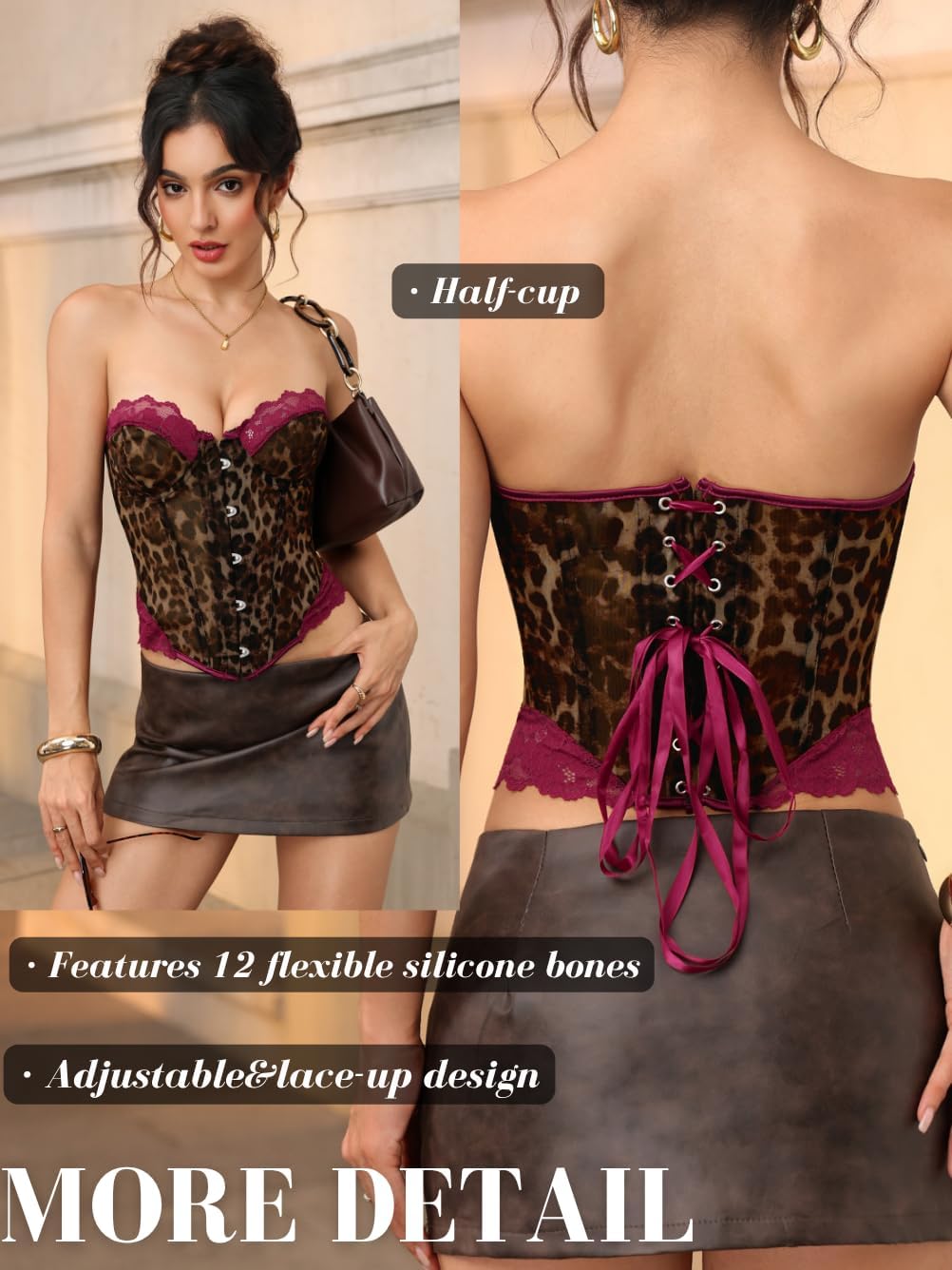 EHSUYAB Women Sexy Overbust Cheetah Print Corset Tops Sheer Mesh Bustier