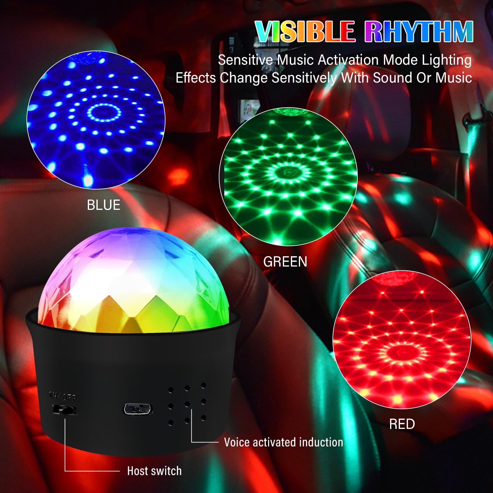 BORDEAG Lámpara de Fiesta LED: 4 Piezas Efectos Luminosos Dinámicos RGB, Control Musical, Rotación 360°, con Control Remoto, para Fiestas, Disco, Cumpleaños Niños (55 * 53 * 53mm, Negro)