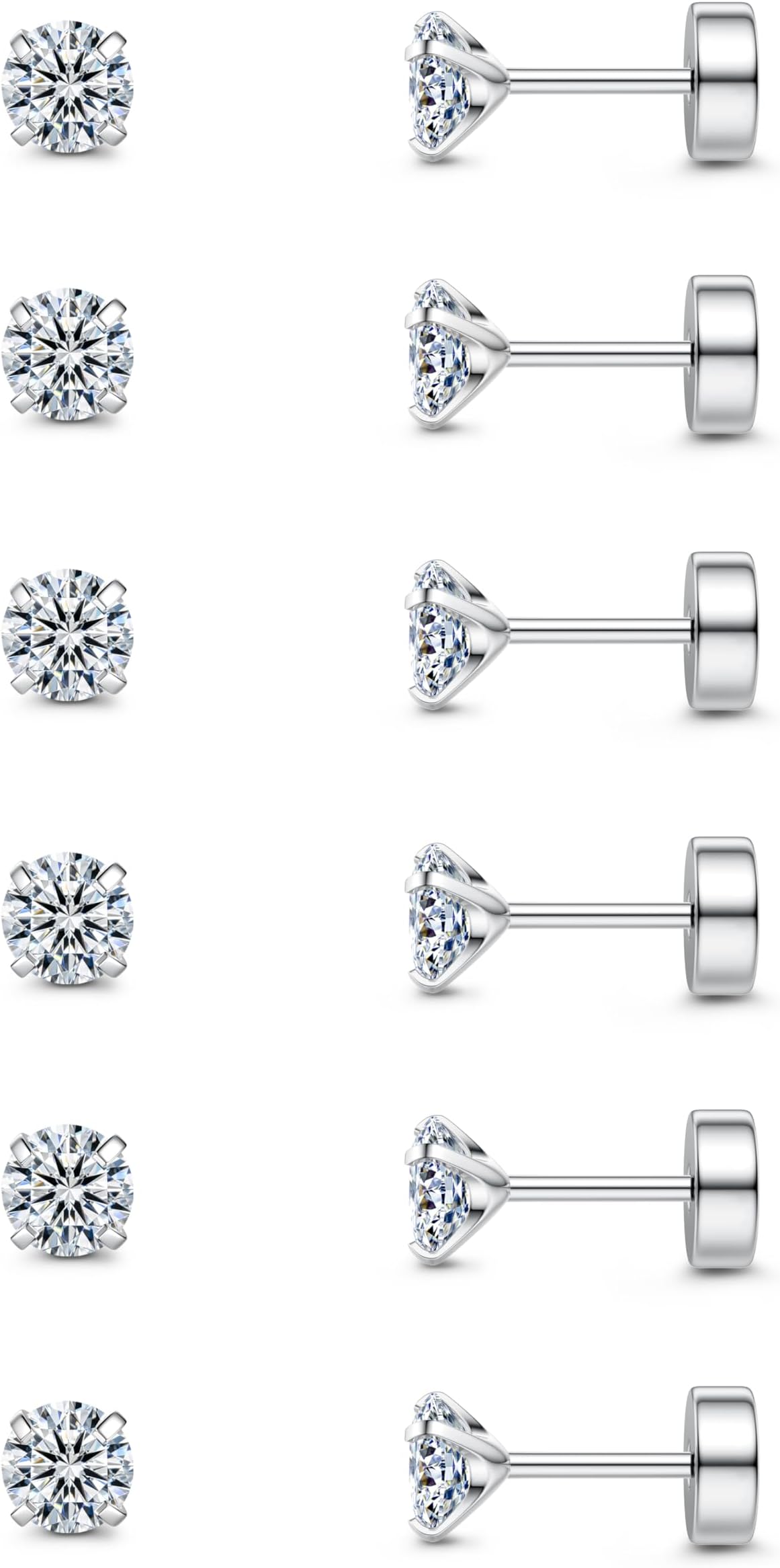 20G Cartilage Earring Stud for Women Men 316L Surgical Steel Flat Back Earrings Set, 2-6mm Round CZ Screw Back Stud Earrings for Cartilage Tragus Helix Piercing Jewelry