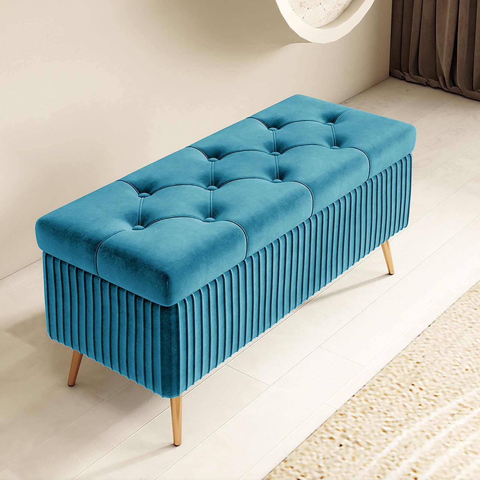 Peacock Blue Velvet Storage Bench Cushioned Soft Ottoman with Wooden Legs Stylish Shoe Rack for Living Room Bedroom Entrance Hall (31.5in/80cm)