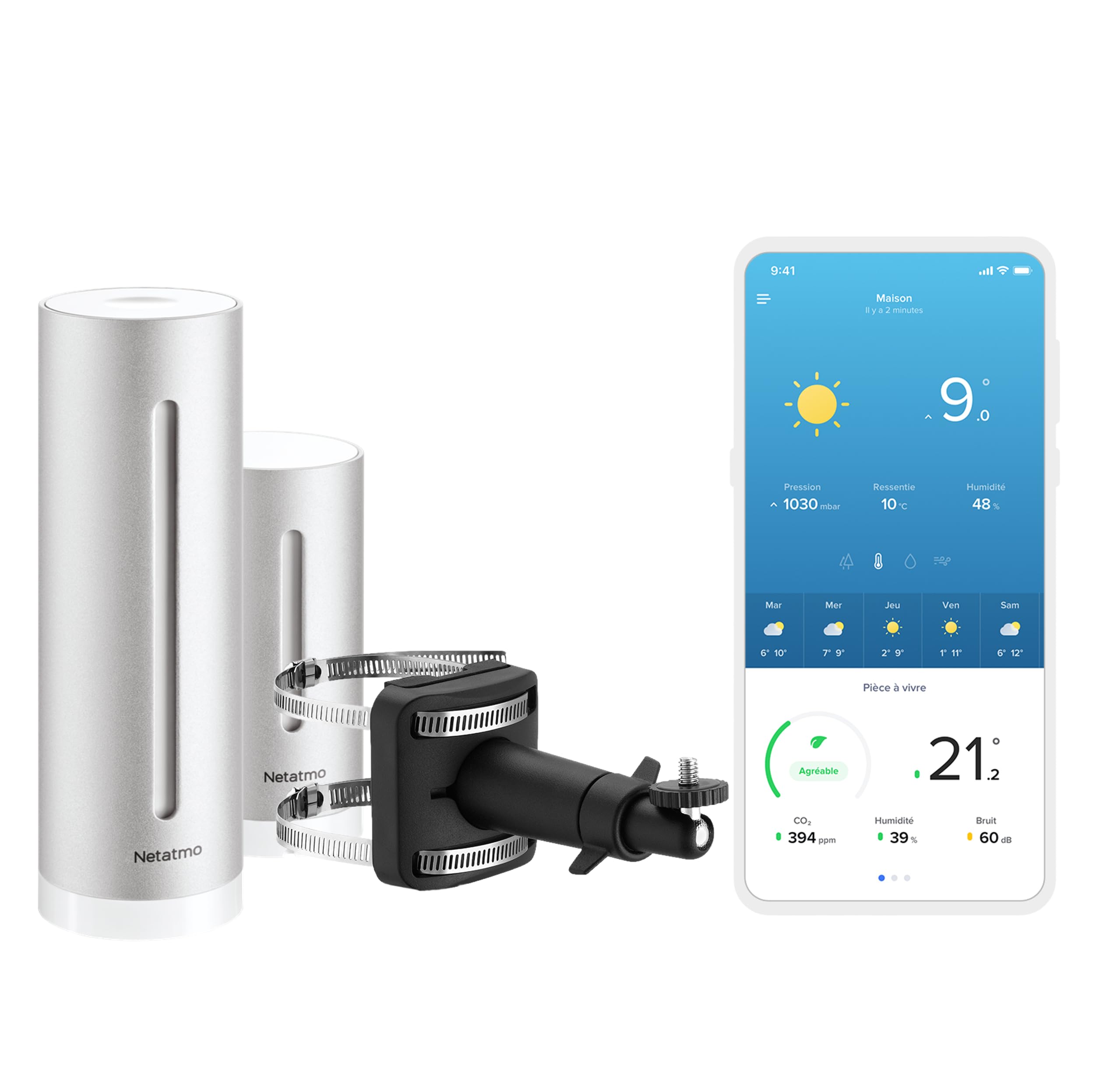 Netatmo Station Météo Intérieur Extérieur Connectée sans Fil avec Support Mural - Compatible Alexa, Apple et Google Home, NWS-AMZ & NWM01-WW Support pour Pluviomètre/Anémomètre