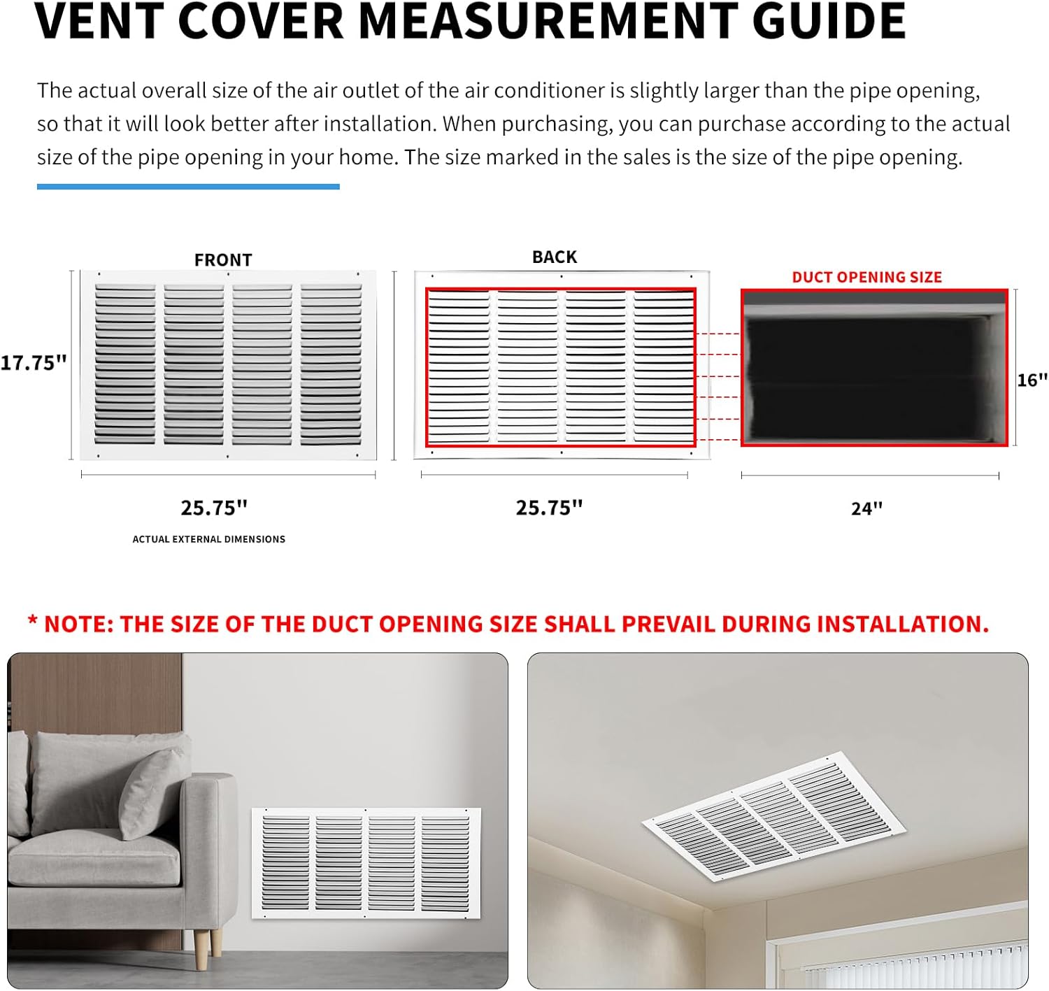 Return Air Grille 24x16(Duct Opening Size),Air Return Vent Cover,Flat Vent Cover,Rejillas De Aire Acondicionado Para Casa,Return Air Grilles,Outer Dimensions:25.75"Wx17.75"H(24"W x 16"H, Duct Opening)