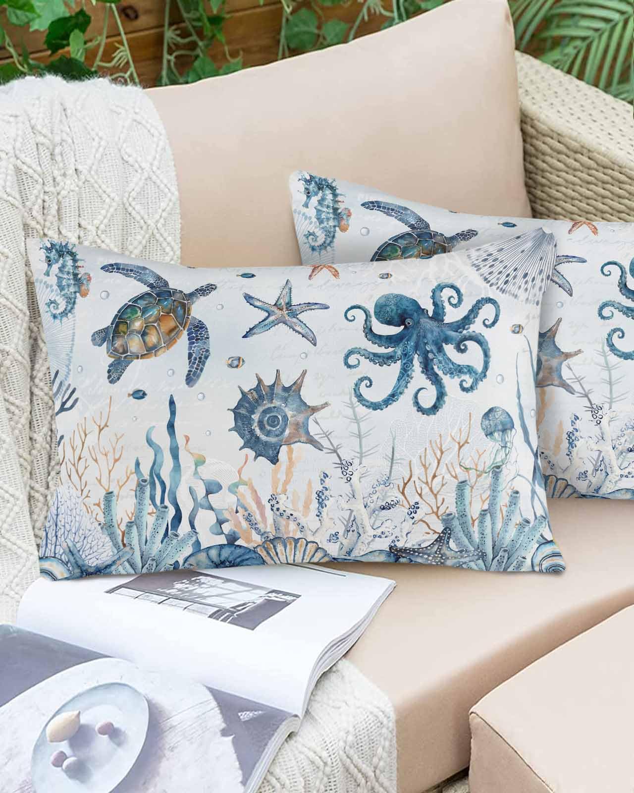 Boanket Lumbar Pillow Covers 12 x 20 in, Nautical Coastal Waterproof Throw Pillow Cover Set of 2, Summer Beach Sea Turtle Octopus Coral Home Decorative Rectangle Cushion Covers for Patio/Couch/Garden