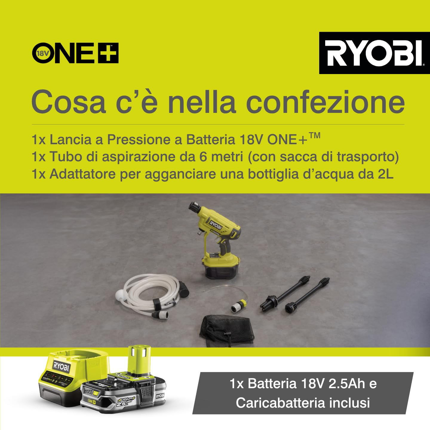 Ryobi Idropulitrice Portatile a Batteria 18V ONE+ con Batteria 2,5Ah e Caricatore, 22 bar, Autoadescante, Ugello Multigetto, Alloggiamento Batteria Impermeabile, RY18PW22A-125