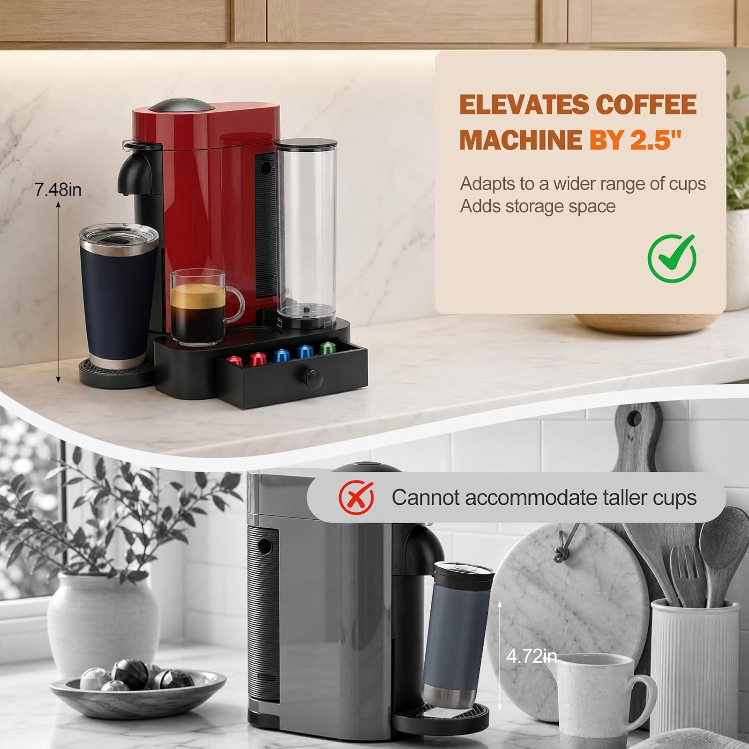 Riser Stand for Nespresso Vertuo Plus, with Coffee Pod Drawers Organizer - Elevated Base Fits Tall Mugs (Up to 7.48" H), Coffee Station for YETI Rambler & Stanley 20oz Cups - For Plus ONLY (Not Pop)