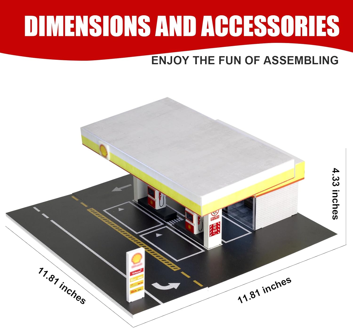 1/64 Scale Display Case Gas Station Scene Car Garage Moldel with LED Light Diecast Car Show Case 6 Parking Spaces Yellow