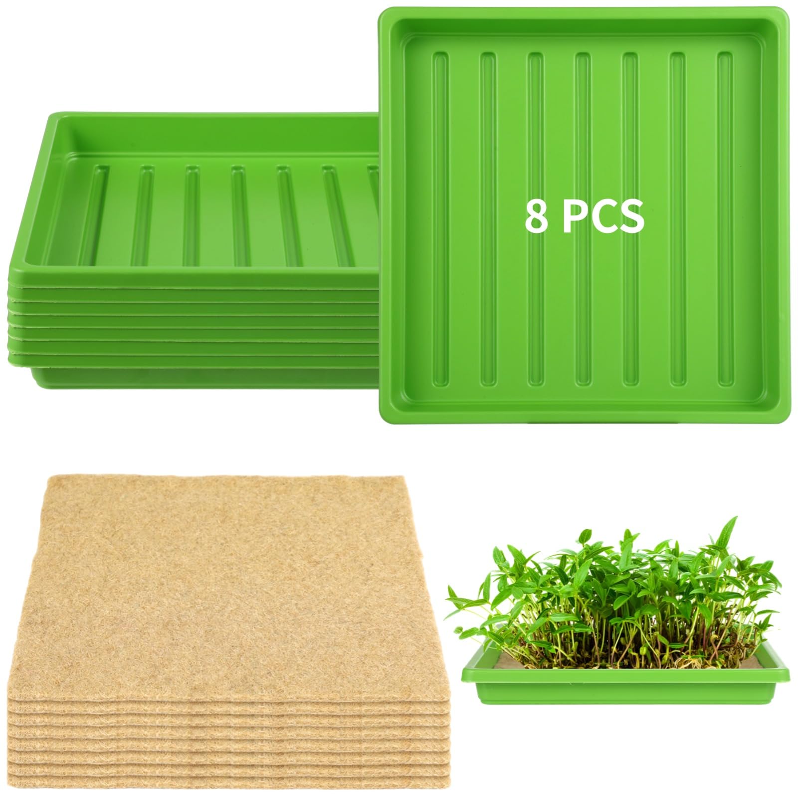 16-teiliges Jute Grow Mat Tray Set, 8 wiederverwendbare Schalen und 8 saugfähige Jute Matten 25,4 x 25,4 cm, Set für Microgreens, atmungsaktiv, für Indoor Hydrokultur und Anzucht