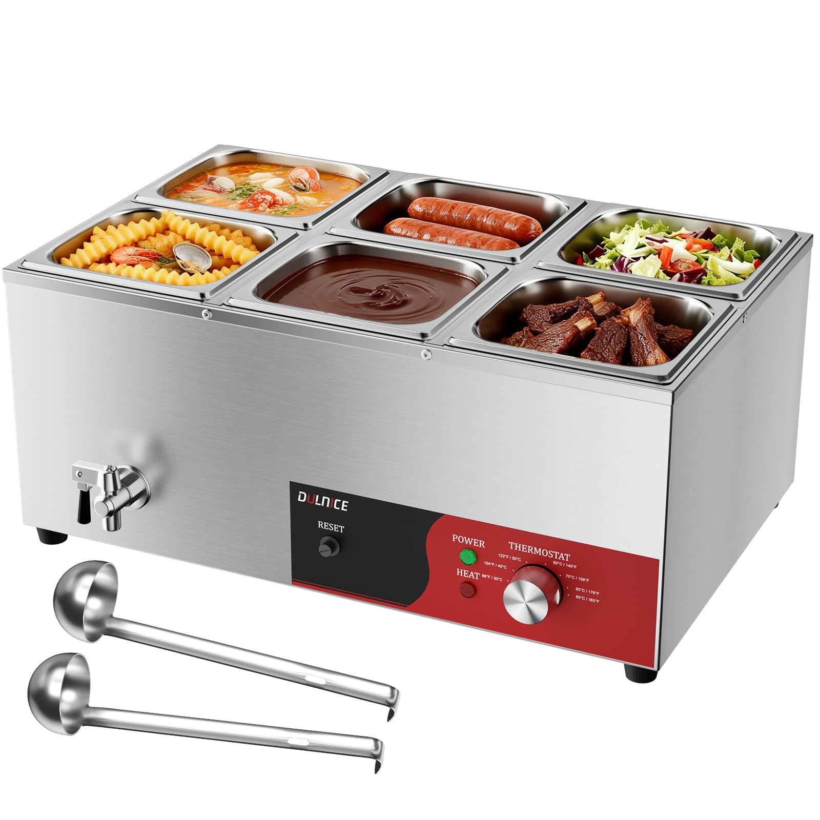 Bain-Marie Électrique 6 bacs avec Réinitialisation, Réchauffeur Électrique Commercial pour Buffet 1500W avec Robinet de Vidange et Cuillère à Soupe pour Cantines et Cafés, Contrôle de la