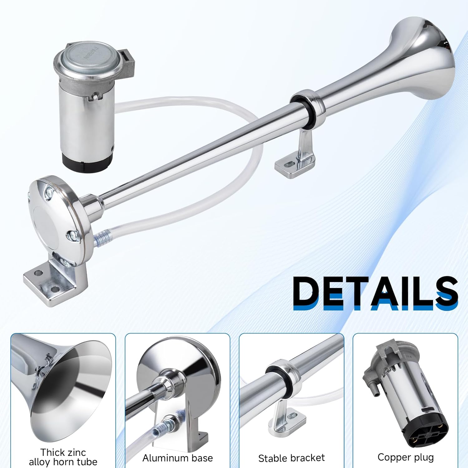 Loud Train Horn Kit for Truck,Super Loud 150DB 12V Car Horn,18 Inches Chrome Zinc Single Trumpet Air Horn with Compressor for Car Truck Train Boat (silver single tube horn with wire, 12v)