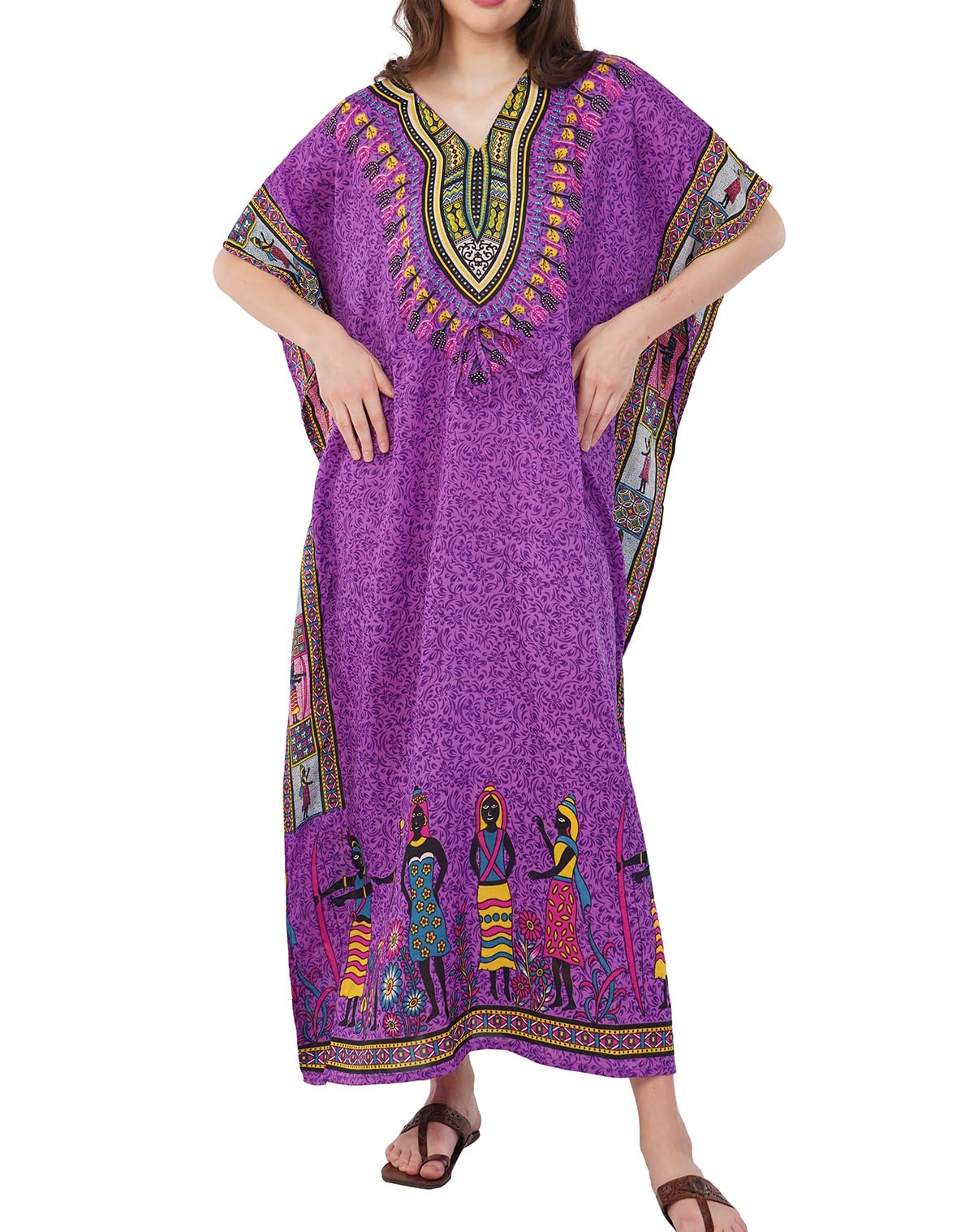 Divine threads Women African Print Kimono Cover Up V Neck Batwing Sleeve Plus Size Beach Kaftan Dresses Brown