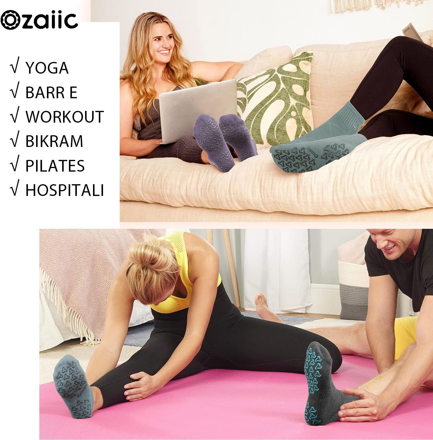 Ozaiic Non Slip Socks Grip for Yoga Home Workout Pure Barre, Pilates, Hospital, Ideal Cushion Socks for Men and Women - Image 7