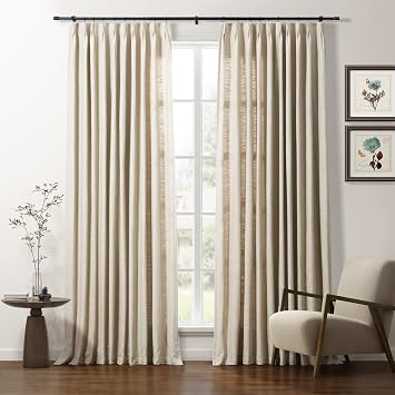TWOPAGES Beige Pinch Pleat Cotton Window Curtain Panel, Textured Cotton Curtain 96 inches Long Light Reducing Curtain for Bedroom Living Room, 100Wx96L, 1 Panel