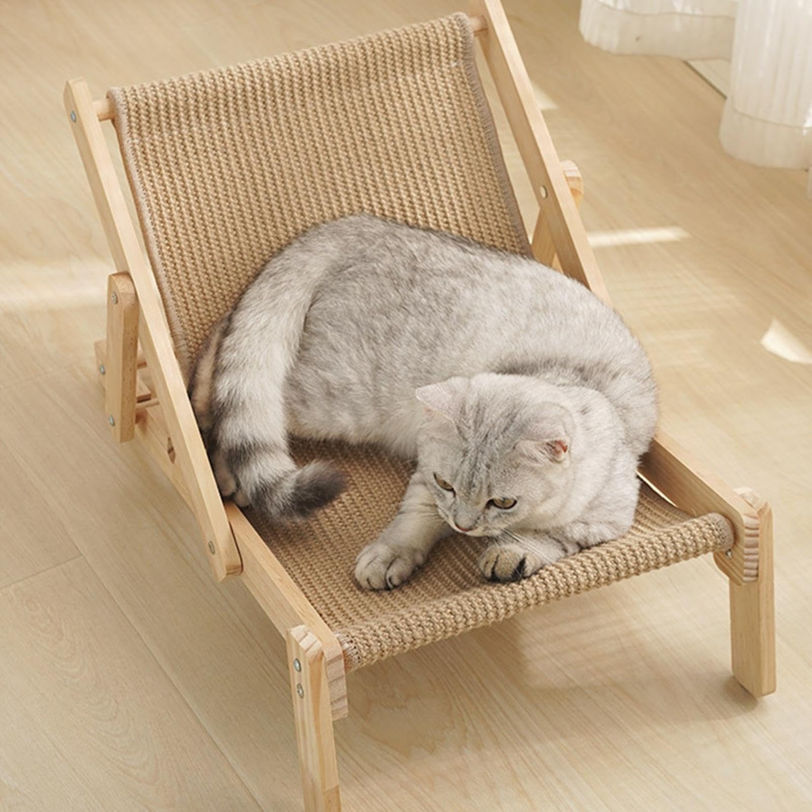 Portable Beach Chair Cat Hammock, Sisal Chair Cat Scratcher, Cat Sisal Lounge Chair, Natural Solid Wood Mini Lounge Chair For Dog Cat, Sisal Scratcher Elevated Bed Cat Hammock
