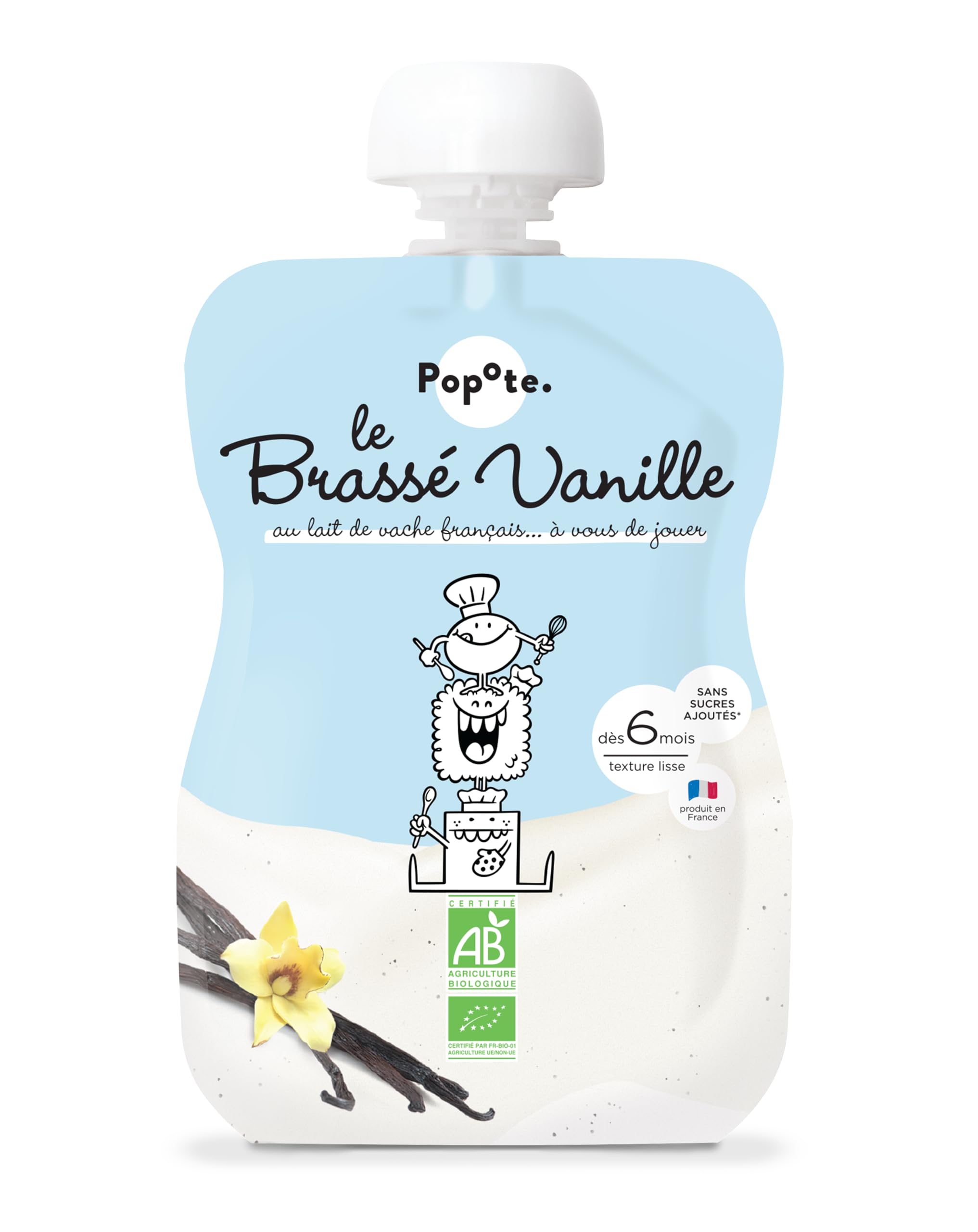 POPOTE - Brassé Vanille Bio Bébé 100 g - Dès 6 Mois - Gourde Individuelle - Texture Onctueuse - Lait de Vache Sans Sucres Ajoutés - Format Pratique à Emporter - Pack Familial 10 x 100 g