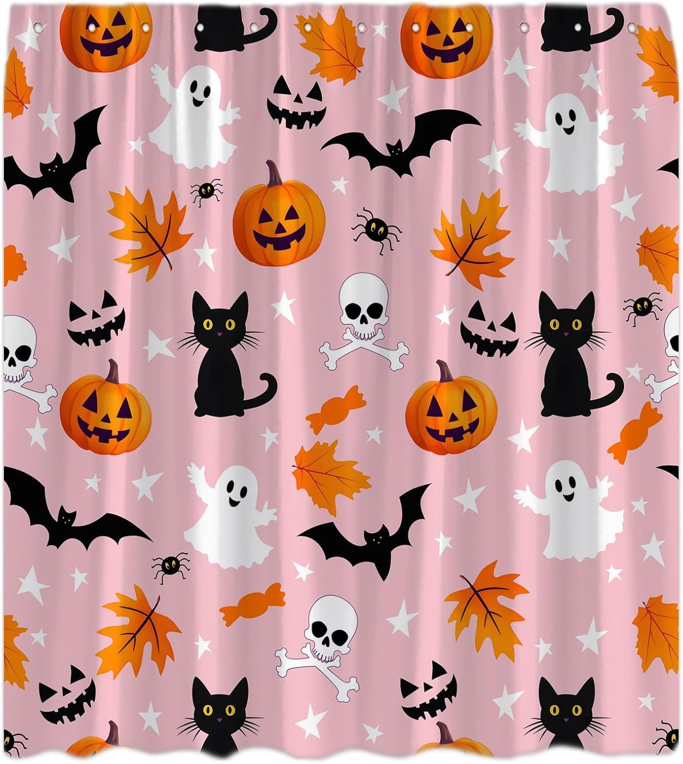 Halloween Shower Curtain Cute Cartoon Ghost Spooky Pumpkin Gothic Cat Funny Skull Map Leaf Spider Horror Bat Skeleton Bath Curtain with Hooks