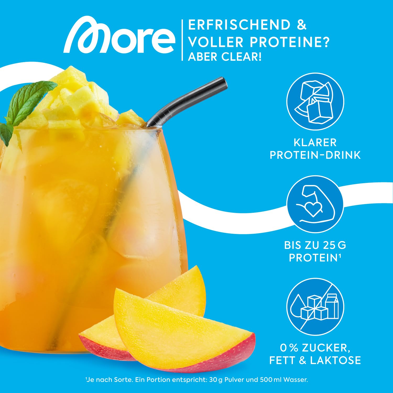 MORE Clear, Mango Juice, 2 x 600 g | Protein Drink mit Whey Isolat, clear Whey - made in Germany