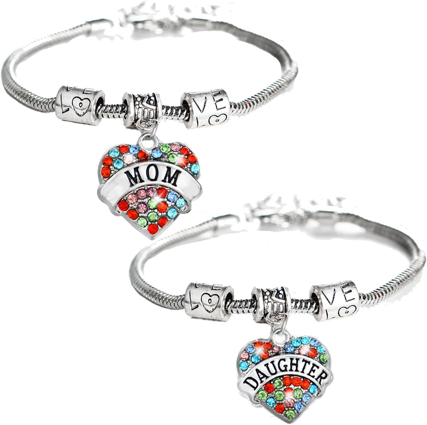 YEEQIN Set of 2 Crystal Heart Mom Daughter Charm Bracelet Jewelry Gift for Mother and Daughter