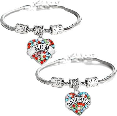 YEEQIN Set of 2 Crystal Heart Mom Daughter Charm Bracelet Jewelry Gift for Mother and Daughter