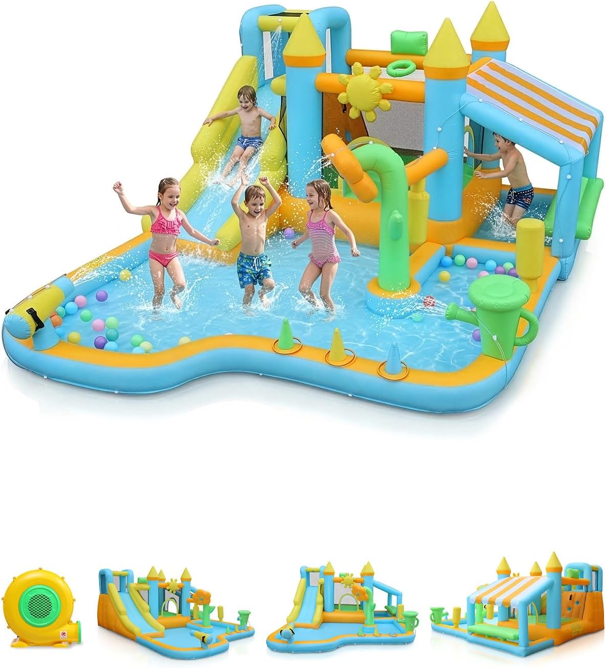 Ktaxon 10 in 1 Inflatable Water Slide with Flower Sprinkler, Big Outdoor Bounce House w/ 450W Blower, Long Slide & Splash Pool, Backyard Water Slide Bouncy Castle for Kids 3-8