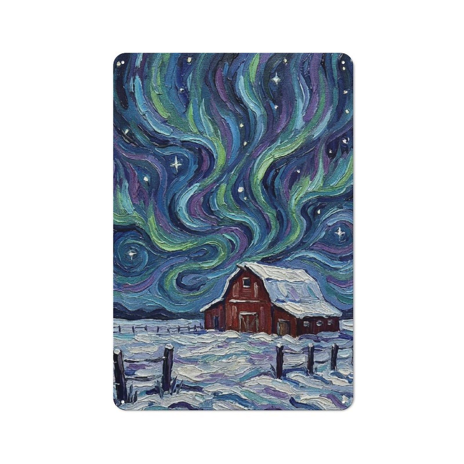 Junmoney Style-12 Metal Wall Sign 30X20cm Featuring Winter Barn Under Aurora Borealis Painting For Bar Or Restaurant, Gift For Bar Decor Enthusiasts During The Christmas Season