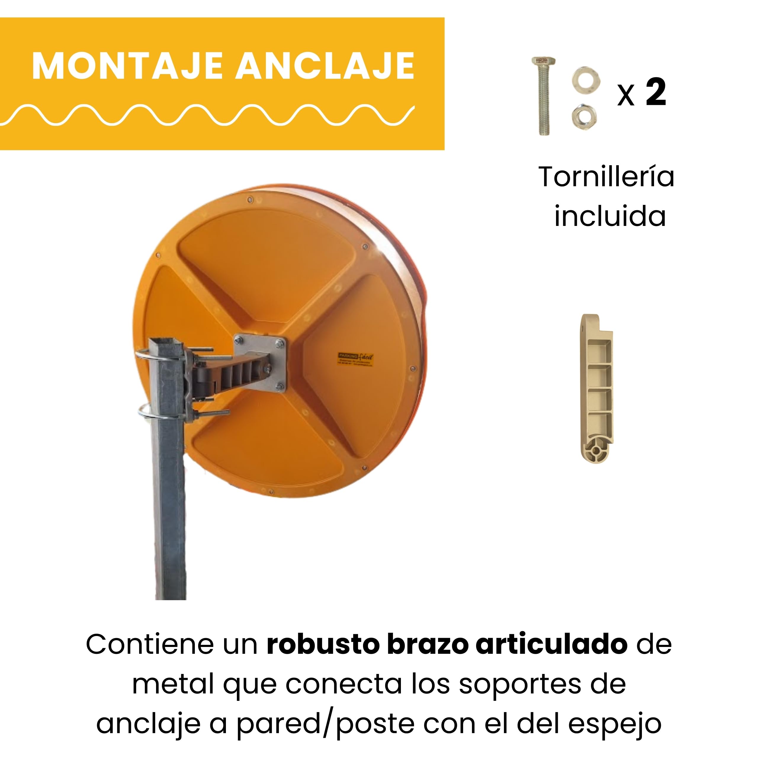 PARKING FACIL | Espejo de Tráfico Convexo de Seguridad con Marco | Tamaño: Ø 80 cm | Color Naranja y Negro | Incluye Soporte Poste y Pared | 1 Unidad