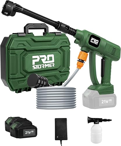 Prostormer Lavadora a presión inalámbrica de 1500 PSI, pistola de agua portátil de mano con 2 baterías de 3.0 Ah y cargador, boquilla 6 en 1 para