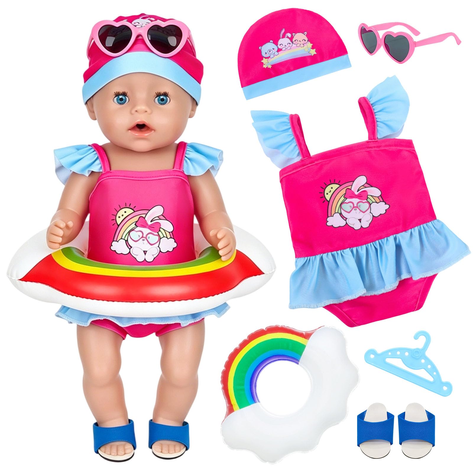 6 Pcs Baby Doll Clothes Swimming Set for 14-18 Inch Newborn Baby Dolls, Pink Swimsuit Outfit with Rabbit Swimwear Swim Caps Swim Rings Shoes Sunglasses Hangers, 35-45 cm Doll Accessories Kids Gift