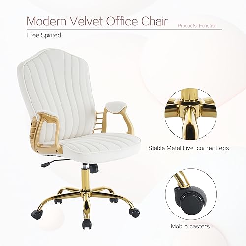 Miniatura 9 de Silla de oficina en casa de terciopelo con brazos y patas dorados, cómoda silla de escritorio giratoria tapizada y capitonada, cómoda con ruedas