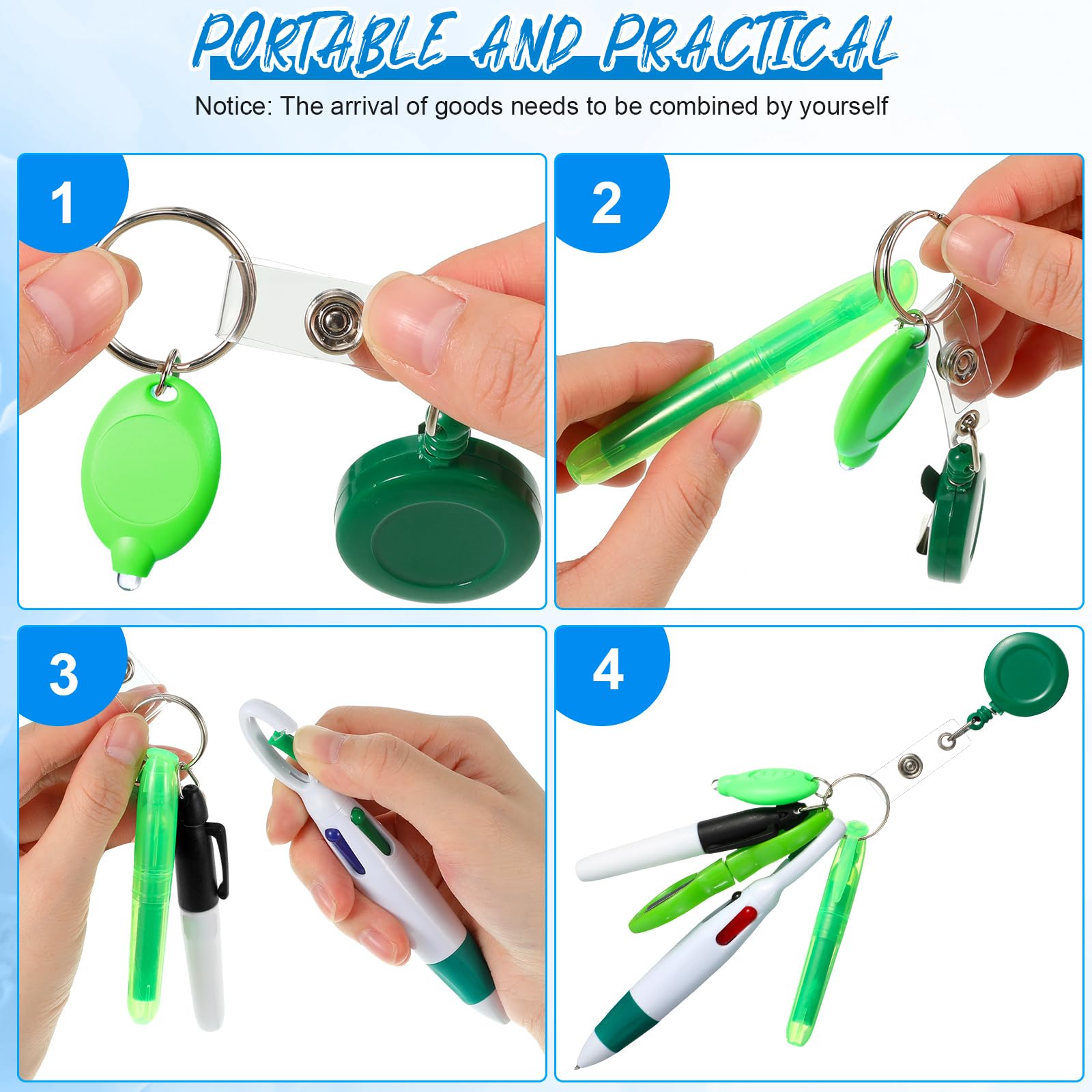 Glenmal Mini-Textmarker, Krankenschwesterstifte, Set mit Mini-Schere, Textmarker, einziehbarer Neon, Krankenschwesterstift, LED-Schlüsselanhänger, Clip, Taschenlampe, Schlüsselanhänger für