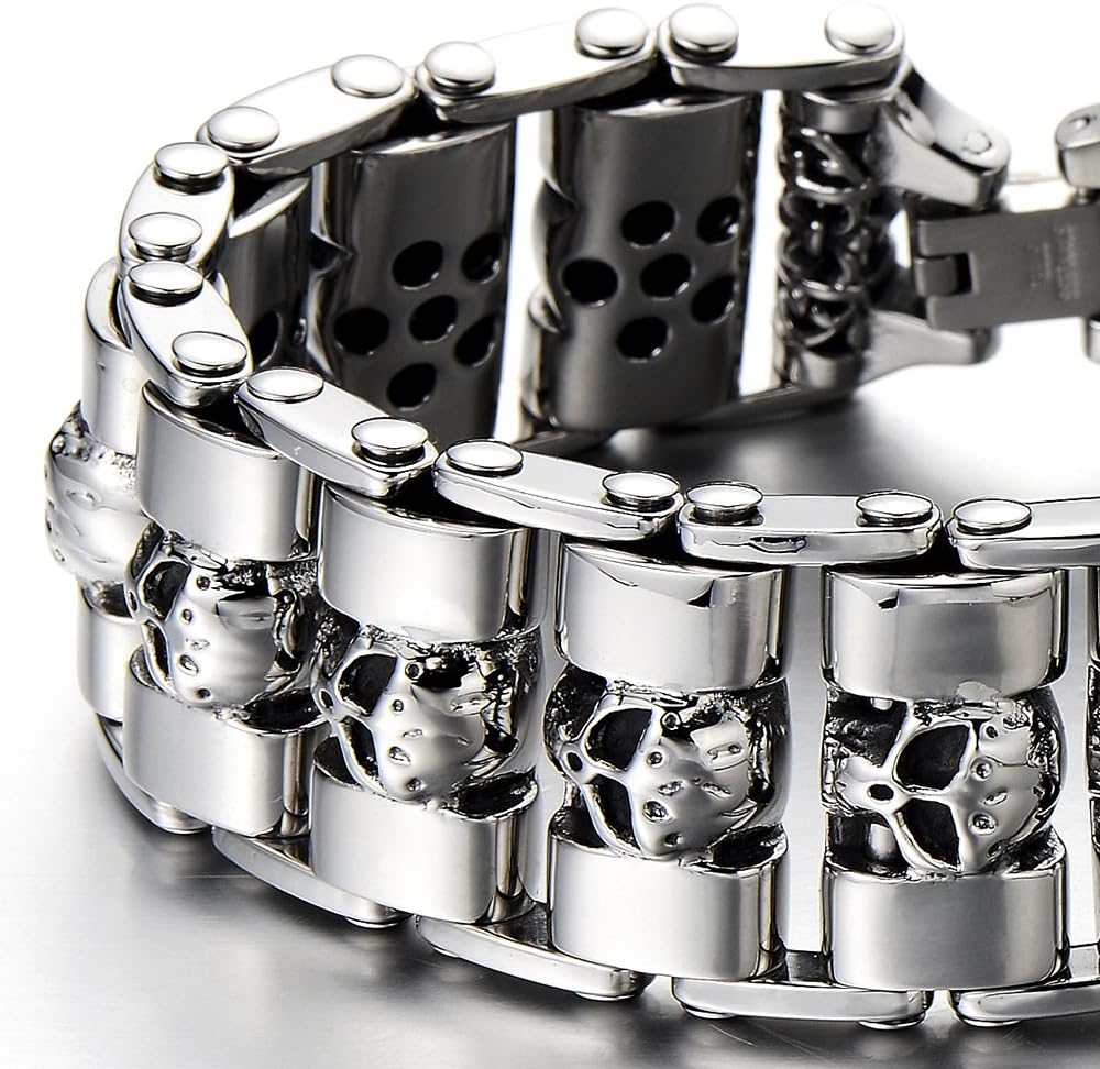 COOLSTEELANDBEYOND Heavy and Study Mens Stainless Steel Biker Skull Bracelet Silver Black Two-Tone Polished - Image 4
