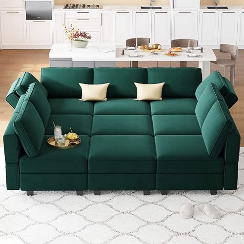 Miniatura 80 de Belffin - Sofá cama modular con otomanas, de terciopelo, reversible y con asiento con almacenamiento, color verde, forma de L-1 Negro
