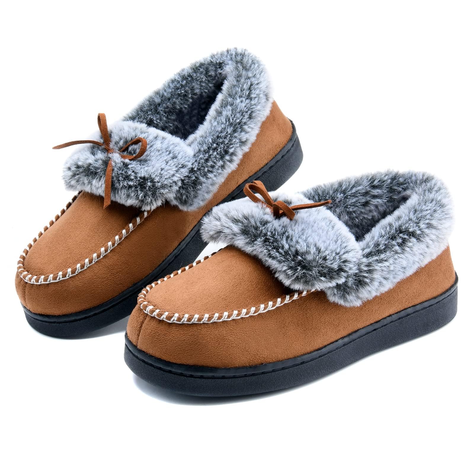 DL Womens Fuzzy Warm Moccasin Slippers Memory Foam, Soft Fluffy Women's Winter House Slipper Closed Back Fur Lined, Cozy Ladies Suede Indoor Bedroom