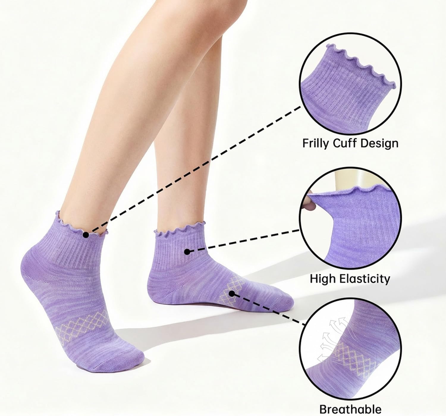 BIOAUM Ruffle Socks Woman, 6 Pairs Cute Cotton Socks for Women, Frilly Womens Ankle Socks, Soft Breathable Fit