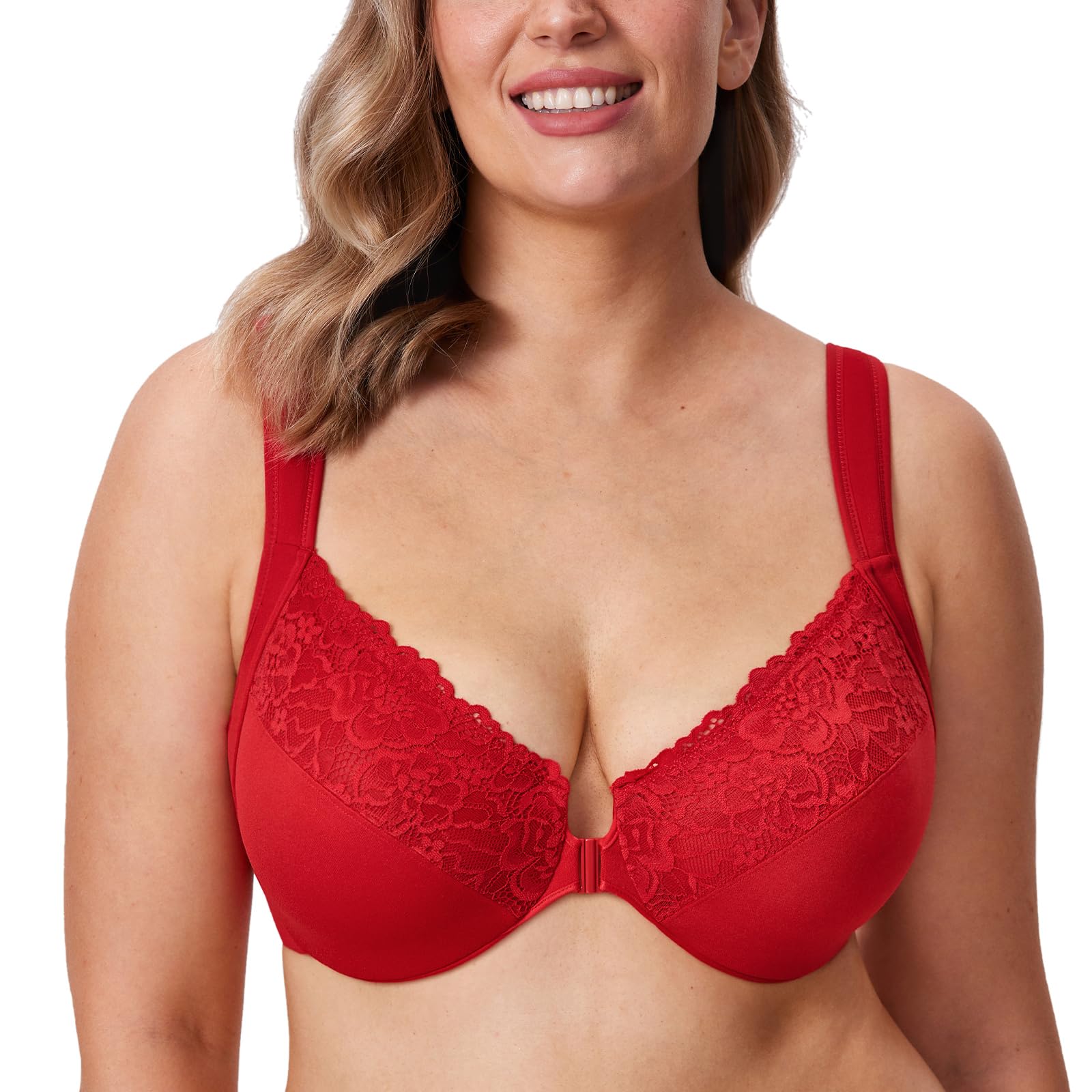 DELIMIRA Women's Front Fastening Bras Unlined Lace Plus Size Support Underwire Lipstick Red 34E