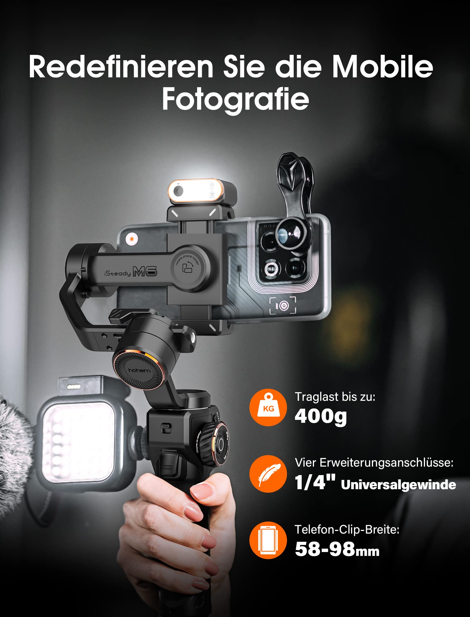hohem iSteady M6, Gimbal Smartphone, 3-Achsen Handy Stabilisator | für iPhone 15/14/13/12 Pro Max & Android, 360° Rotation, OLED-Display, 400g Zuladung, Handy Gimbal für Volgging