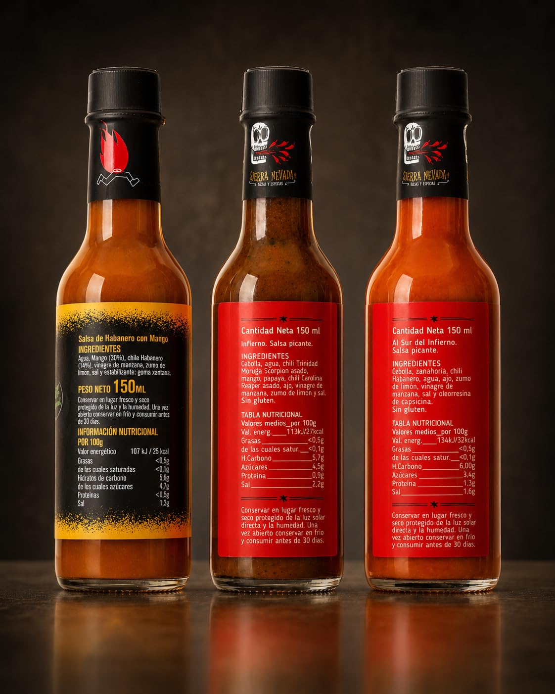 Sierra Nevada Pack 3 Salsas Picantes 150 ml, Habanero con Mango, Infierno y Al Sur del Infierno, salsas gourmet sin gluten para carnes, tacos y barbacoas
