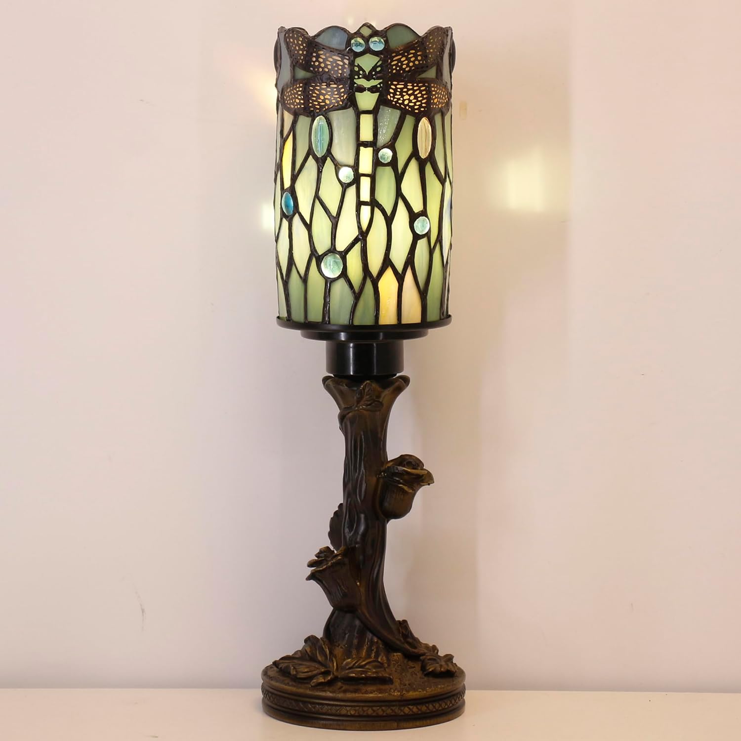 Tiffany Small Table lamp Stained Glass Candlestick Rose Base Table lamp Memory lamp Consolation lamp 4x15 Inch (sea Blue Dragonfly Style)