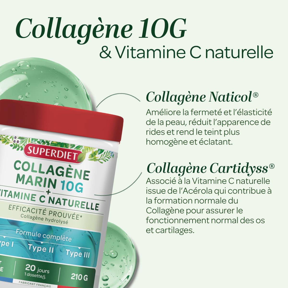 Collagène marin, Vitamine C - Peptides hydrolysés 2000-3000 Da-Poudre | Cure 20 jours - 210g - Association Type 1, 2, 3 - Peau, articulations - Naticol®, Cartidyss®- Fabrication française-Superdiet
