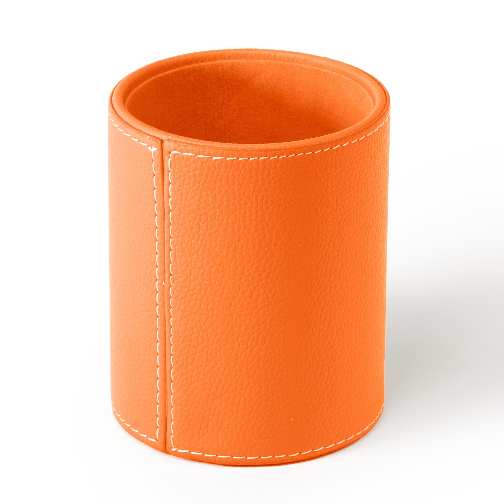 Osco Faux Leather Pen Pot, Desk Pencil Holder with Wipe-Clean Finish, Compact Round Desk Organizer for Pens, Pencils & Brushes, 10.5cm H x 8.7cm Dia, Orange