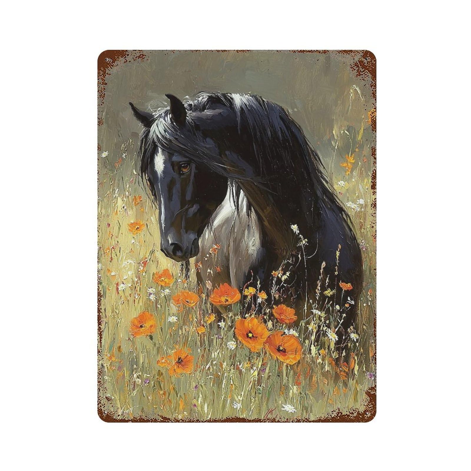 Black Horse in Wildflowers Distressed Metal Wall Sign 15.7"x11.8", Ideal for Pub, Kitchen And Man Cave Decor