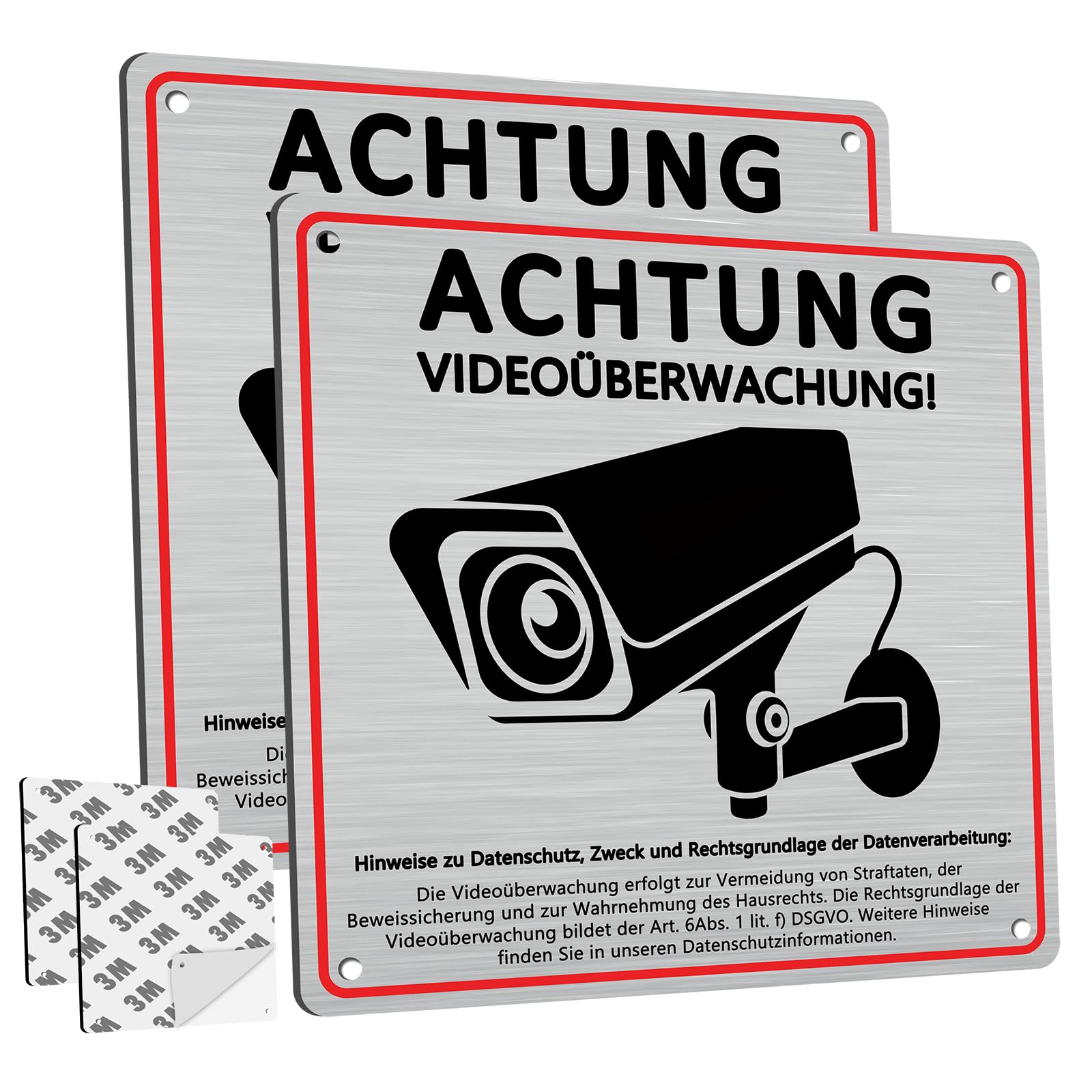 2 Stück Schild Videoüberwachung Privatgrundstück mit DSGVO Hinweis, 15 x 15 cm Aluminium Hinweisschild Videoüberwachung, mit Selbstklebend und 4 Bohrlöcher, Schilder Kameraüberwachung, Warnschild
