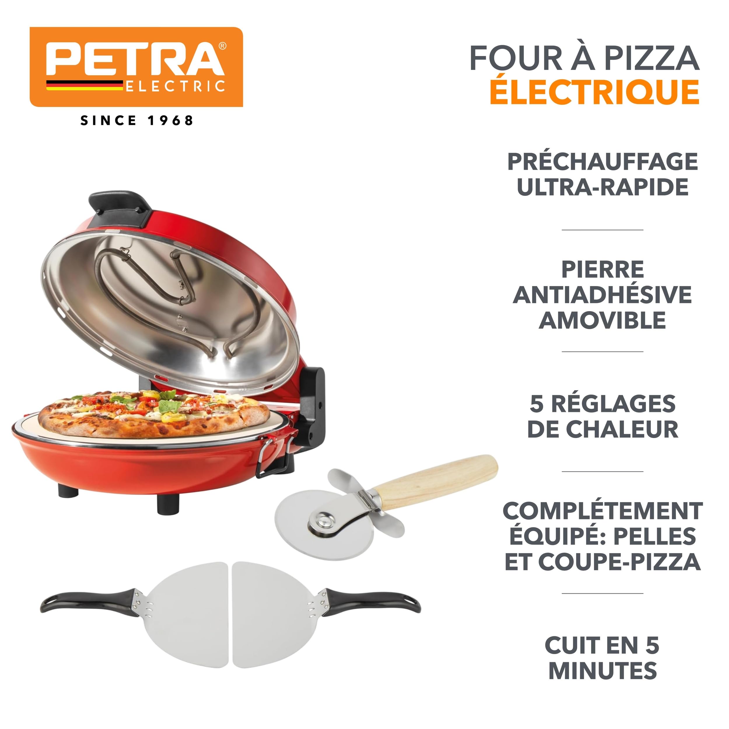 Petra PT5666VDE Four à pizza électrique, four d'intérieur 1 200 W, 5 réglages de chaleur, préchauffage rapide, pizzas 30 cm en 5 minutes, pierre à pizza amovible, coupe-pizza et 2 pelles, rouge