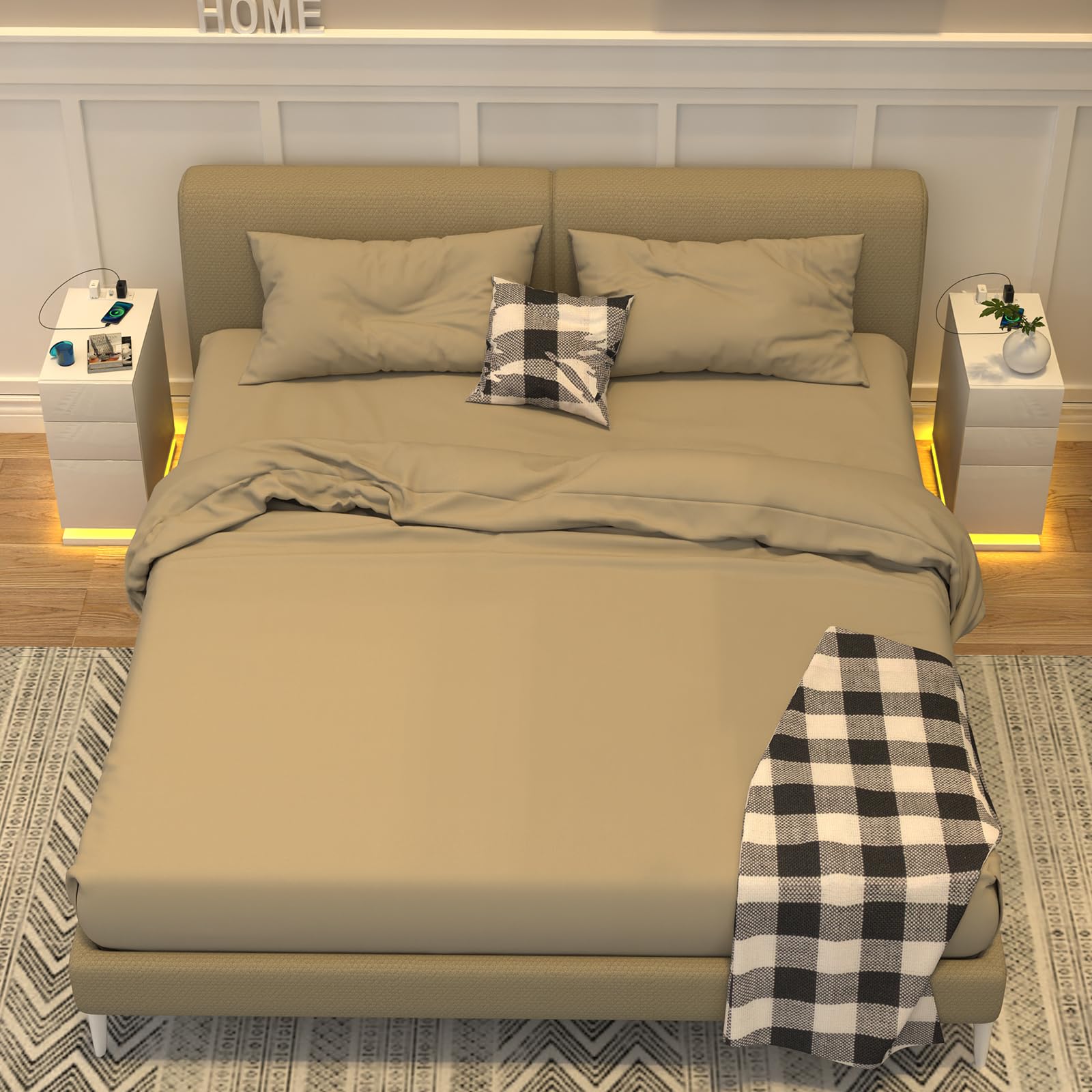 Comodino Moderno con Luci LED, Comodino Stretto con Stazione di Ricarica, Tavolino con 3 Cassetti, Libreria sul Retro, Cassetto Stretto Tavolino Divano