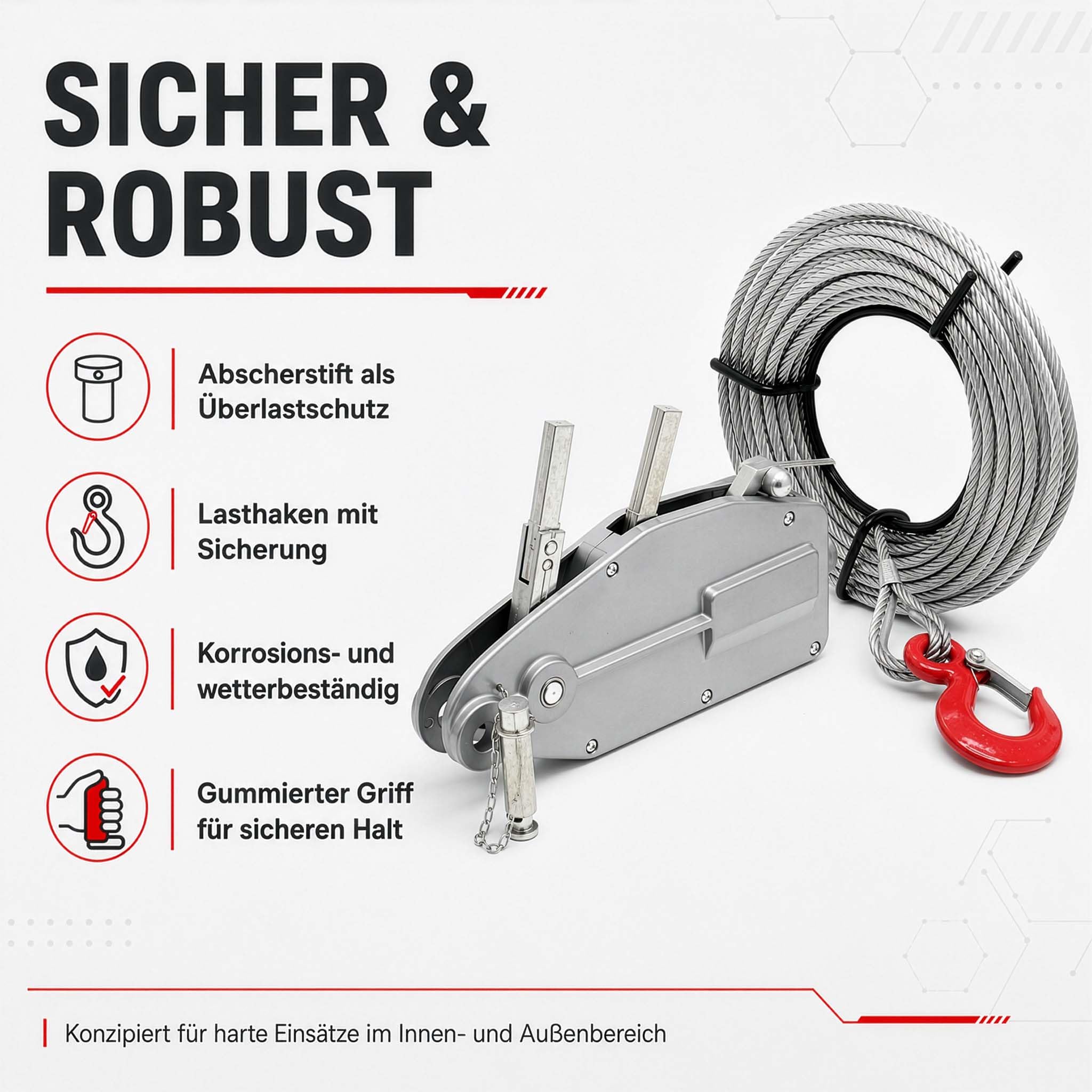 Wiltec Seilzug bis 800 kg Seilwinde mit 20 m Seil, Handseilwinde mit Ø 8,3 mm Stahl-Seil, Forstseilwinde mit Abscherstift, Handseilzug mit Lasthaken