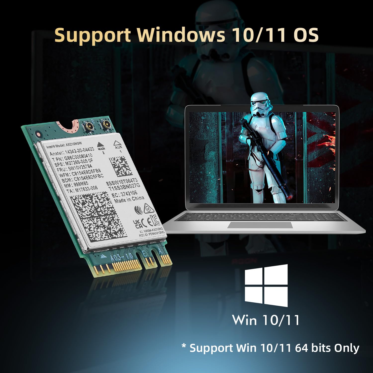 Binardat Tarjeta WiFi 6E M.2 AX210NGW Adaptador de Red WiFi, Chip Intel AX210 Bluetooth 5.3, 5400Mbps Tribanda 2.4GHz/5GHz/6GHz OFDMA y MU-MIMO, para computadora portátil Windows 10/11