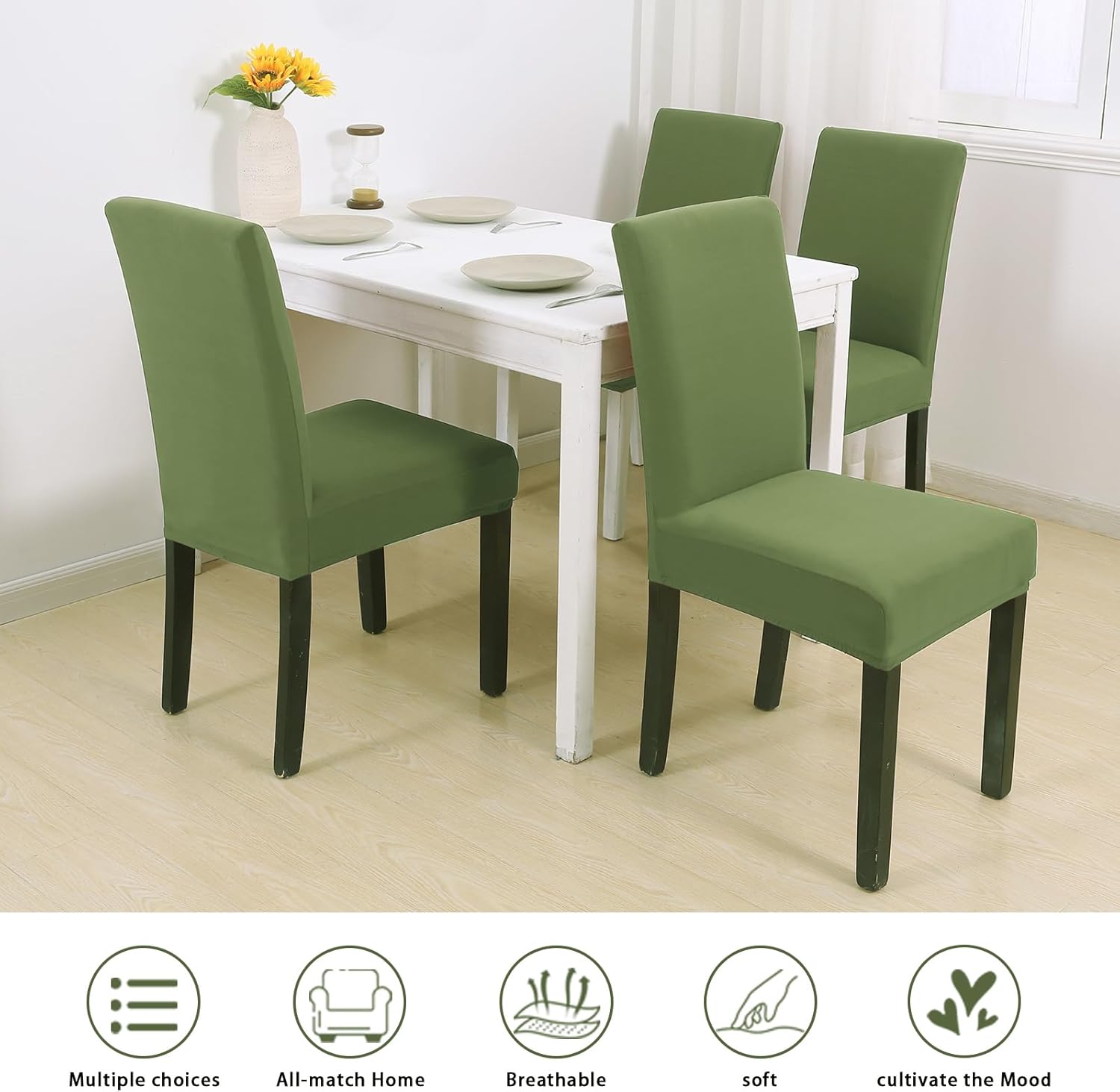 Dining Chair Covers Set of 6, Stretch Spandex Chair Slipcover, Green Chair Slipcovers, Washable Anti-Dust Chair Seat Cover for Kitchen Dining Room, Wedding Party