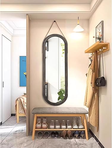 Miniatura 5 de AAZZKANG Espejo retro de cuerpo entero con marco de madera con correa de cuero de 48 x 16 pulgadas, espejo grande ovalado para dormitorio, sala de