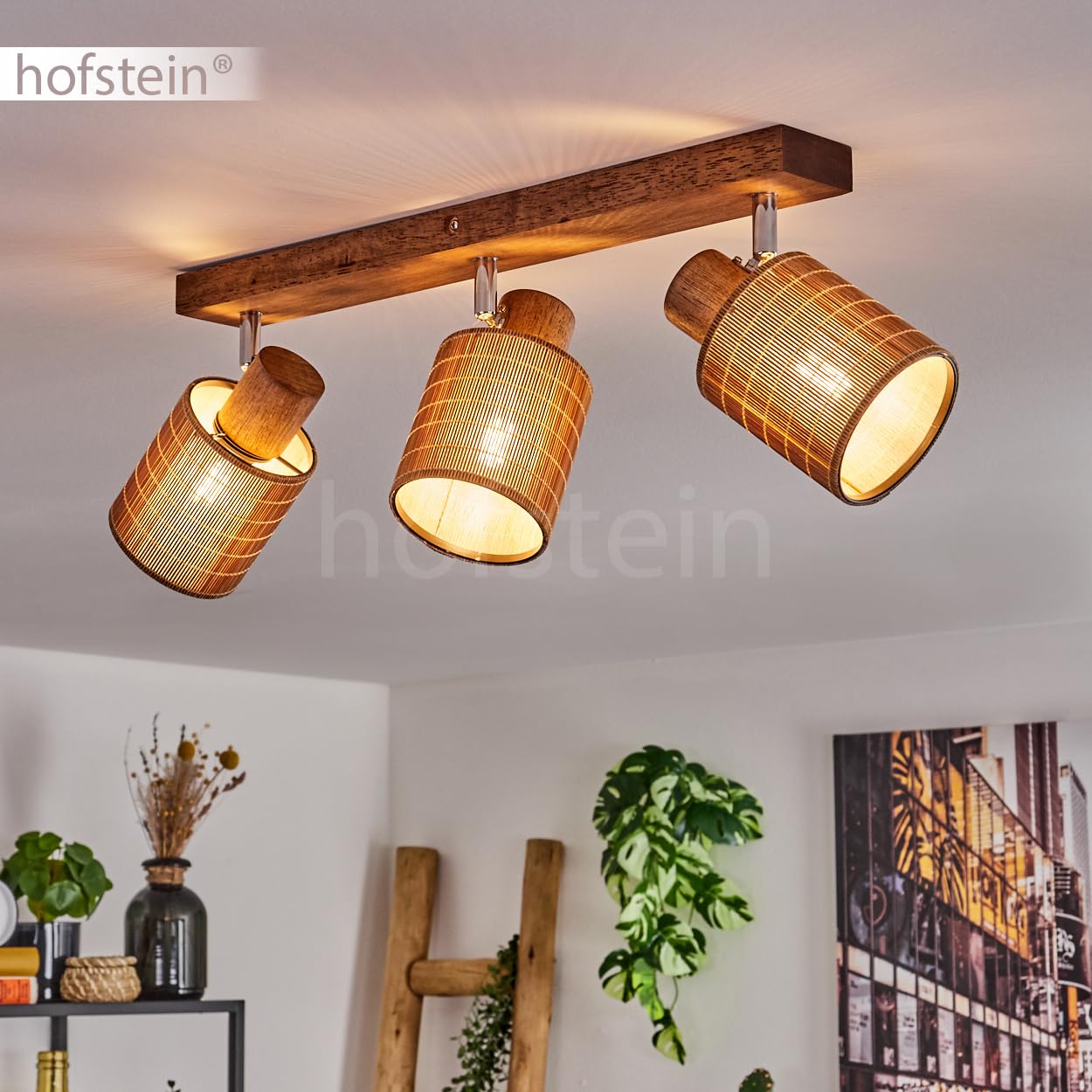 Lampada da soffitto Kinnared, lampada da soffitto moderna in legno/metallo/bambù in marrone scuro/cromo/naturale, lampada a 3 luci in design scandinavo con faretti regolabili, 3 x E14, senza lampadine