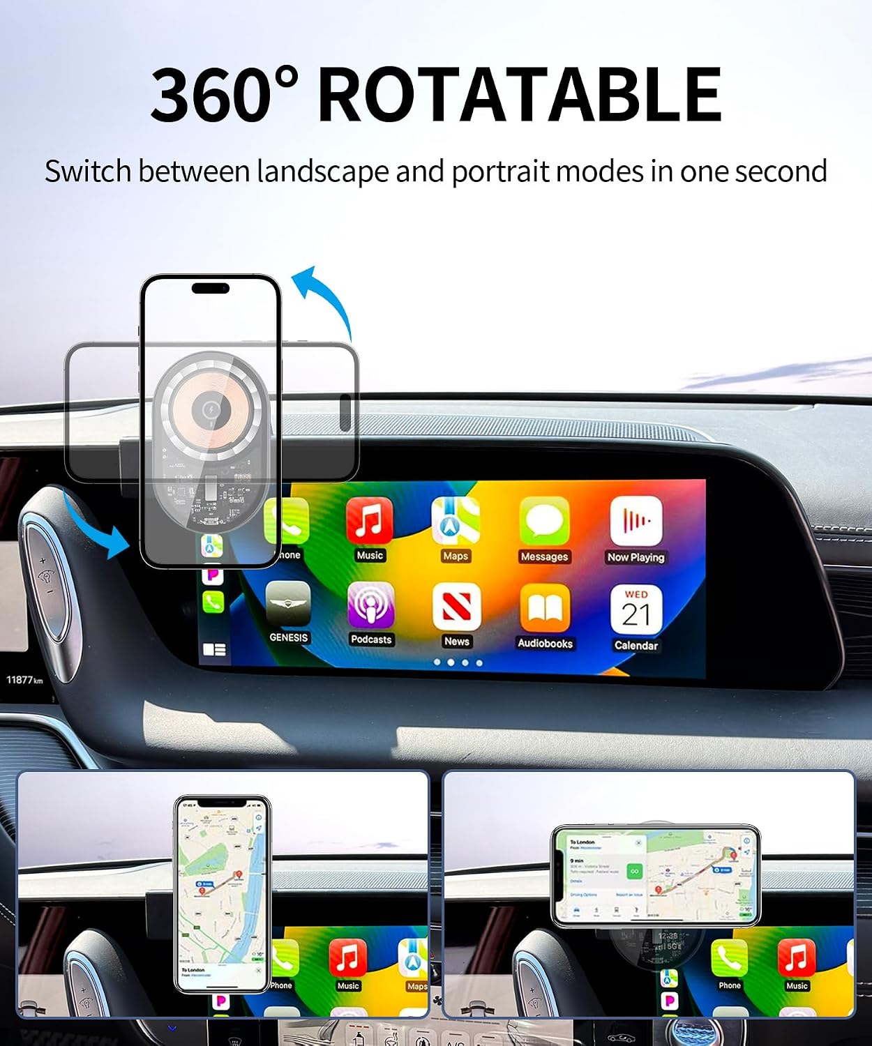 Wireless Charging Car Phone Holder for Genesis G90 2023-2025, 12.3" Screen Fixed Clip, 360° Rotation Car Phone Mount Compatible with MagSafe