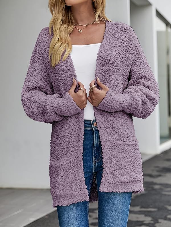 MEROKEETY Women's Fuzzy Sherpa Chenille Cardigan Sweaters, Taro, Medium by MEROKEETY - Used condition - Image 4